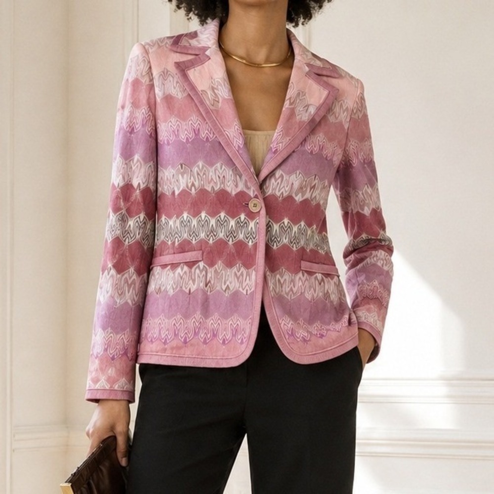 Missoni Vintage Pink Metallic Crochet Knit Blazer Jacket Zig Zag Size Medium